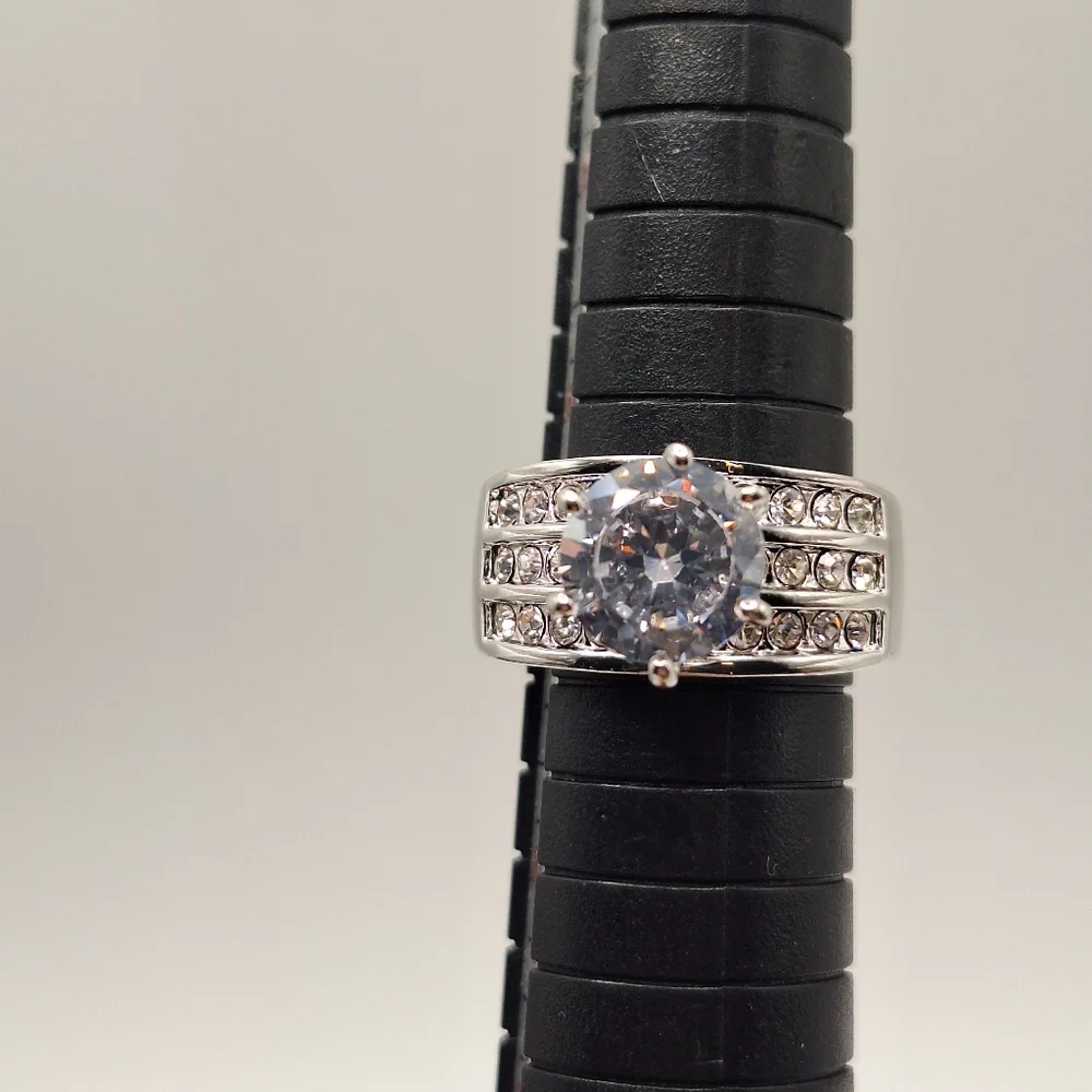 Swarovski Crystal Ring Size 7 | Round Diamond Look Statement Ring | Wide Band - Picture 9 of 16